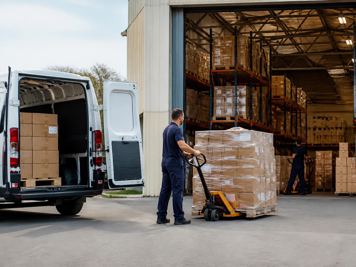 Pallets being loaded at a warehouse dock